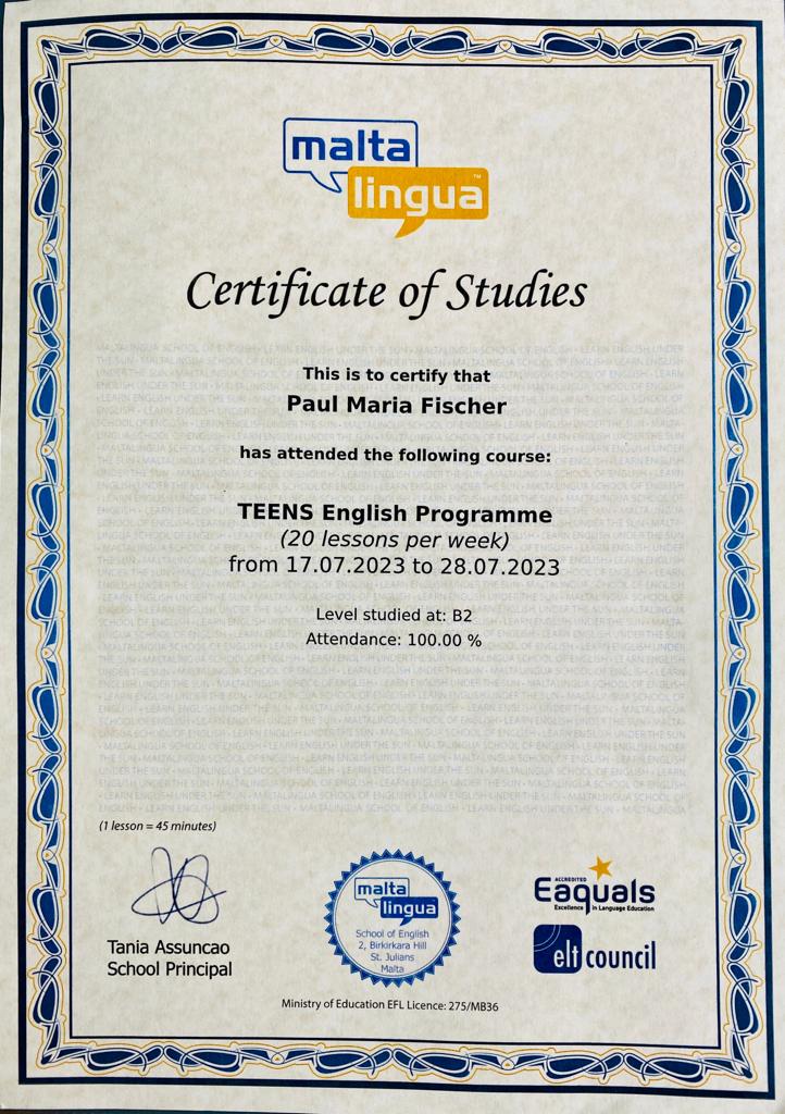 Certificate of Studies- Paul Fischer-Maltalingua Certificate of Studies- Paul Fischer-Maltalingua Foto: © Andrea Fischer