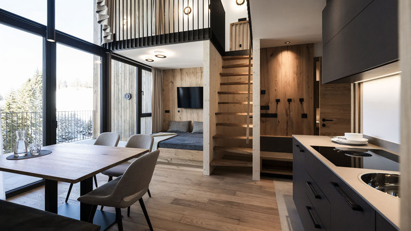 Hotel_Maria_Eco_Lodge_Innenraum.Bild.©AlexFilz.quer Hotel Maria Obereggen: Eco Lodge Innenraum mit Kueche Bild: Alex Filz